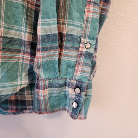 Vtg GUESS Pearl Snap Western Button Up Long Green Plaid Embroidered Men Xl - Picture 12 of 16